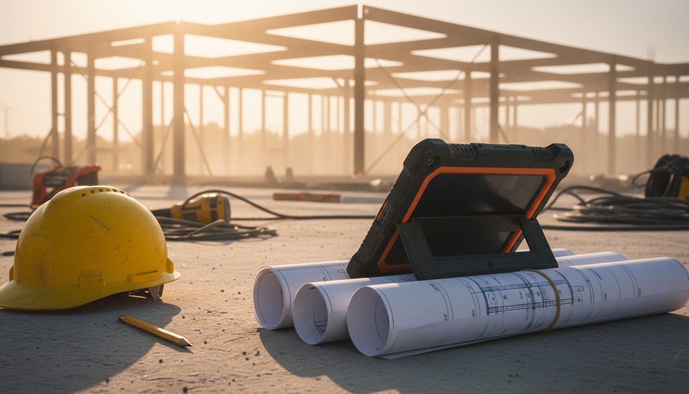 Ruggedized tablet on construction blueprints with hard hat at a Central Florida jobsite